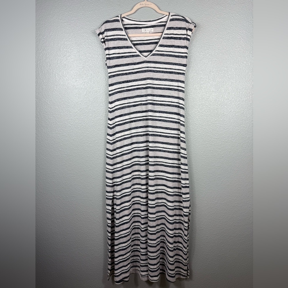 Lou & Grey For Loft V-neck Black White Striped Tee Maxi Dress LightWeight XS - Picture 2 of 11